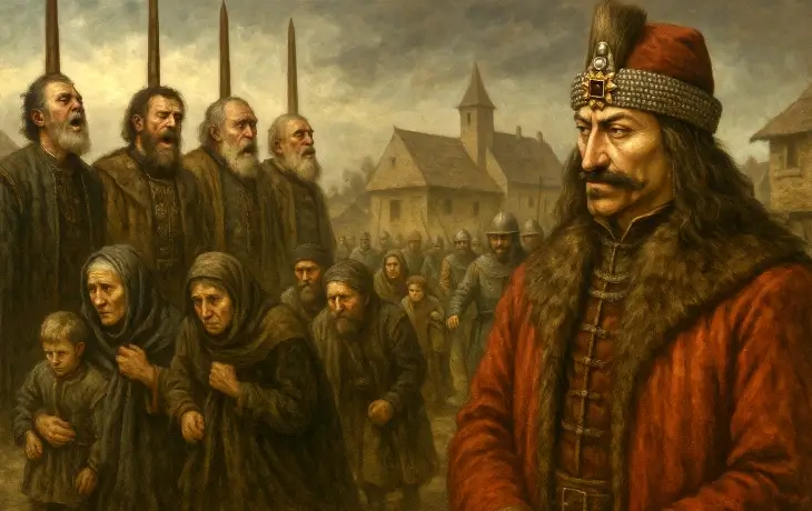 Vlad Tepeş’in önünde sıraya dizilmiş halkın korku içinde ilerlediği, arka planda kazığa oturtulmuş insanların görüldüğü ve askerlerin gözetim yaptığı dramatik tarihi sahne.